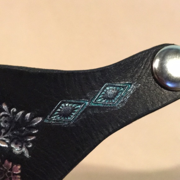 Tooled Leather Cuff Bracelet with Labradorite Gemstone Inlay Boho Mandala Cuff - Picture 9 of 12